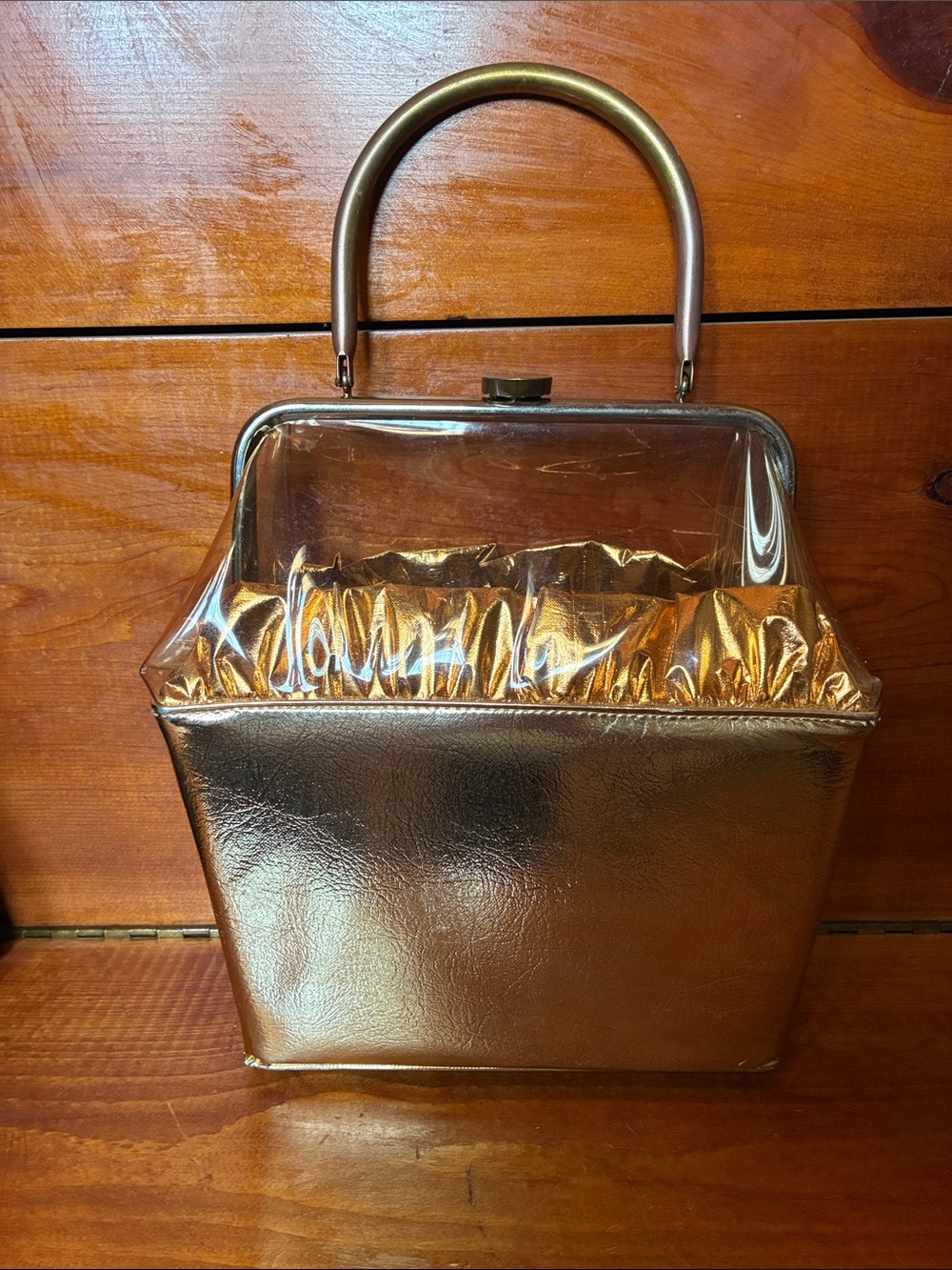 Metallic Gold Clear-Top Wristlet Clutch with Top Handle
